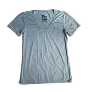 Nike Women's S V-Neck Legend Dri-Fit Blue White Stripe T-shirt Short Sleeve Tee